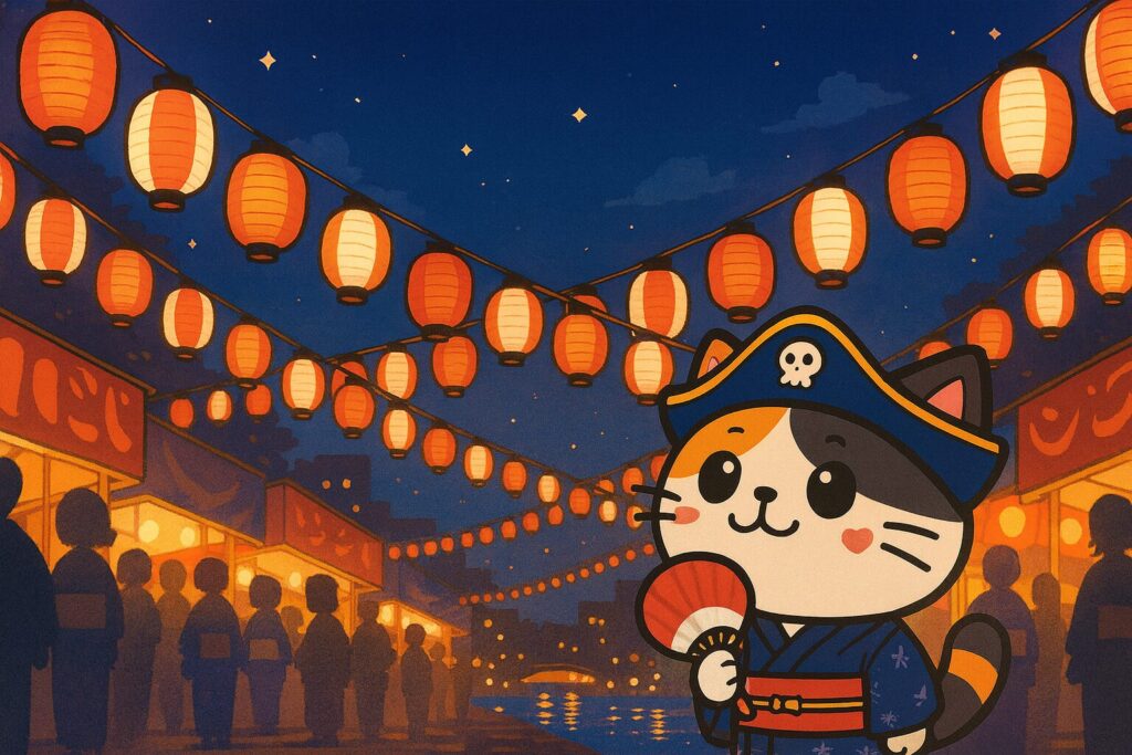 夏祭りの提灯と浴衣姿のココロ船長