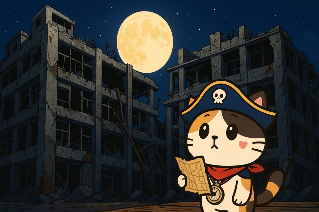 夜の軍艦島のような廃墟を探検するココロ船長