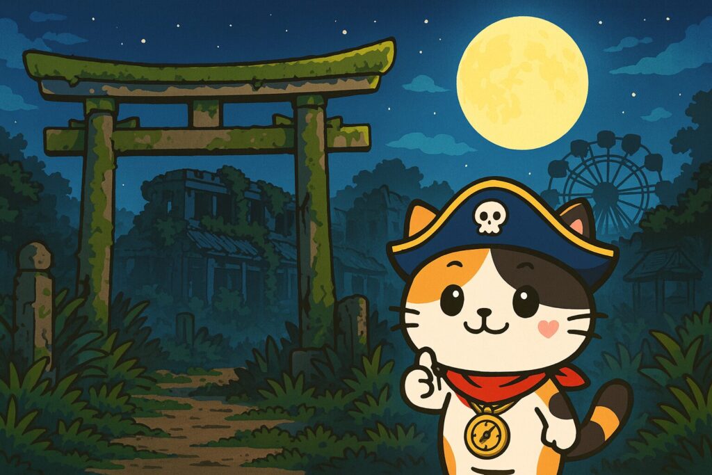 廃墟怪談の冒険を終えて夏の夜に誇らしげなココロ船長