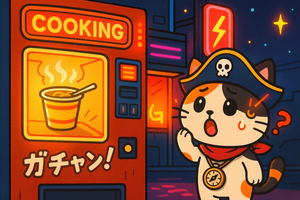光る自販機と驚くココロ船長