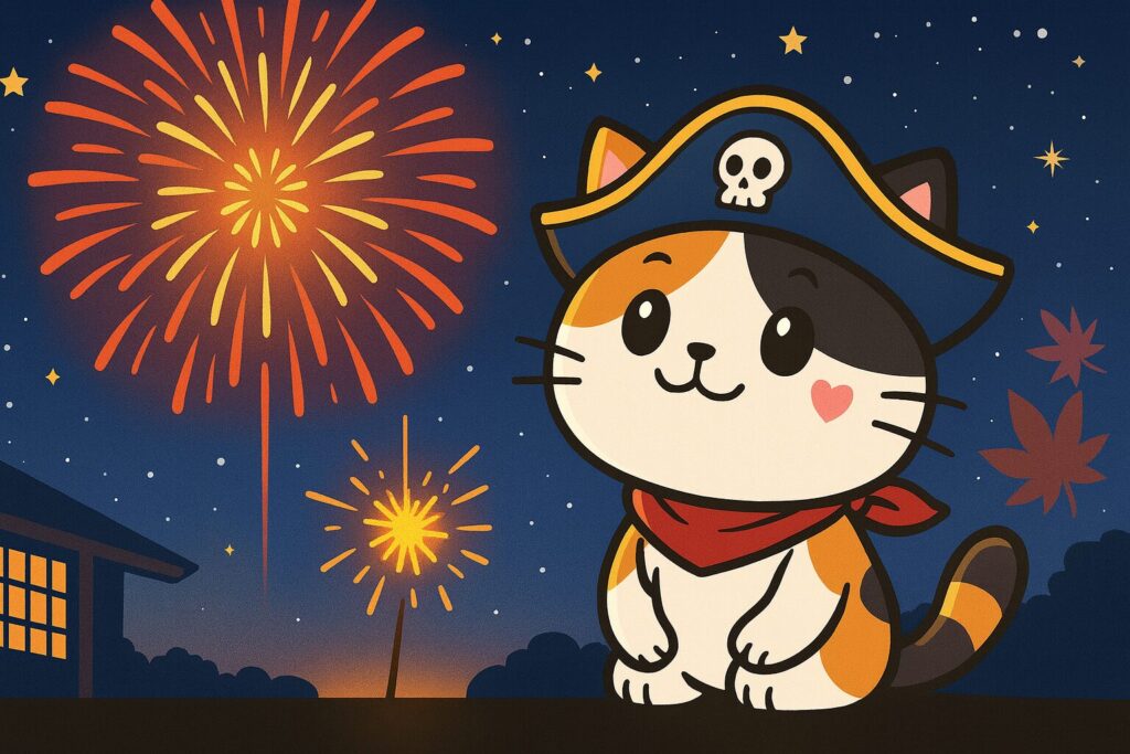 夜空の大花火と小さな線香花火を見つめるココロ船長