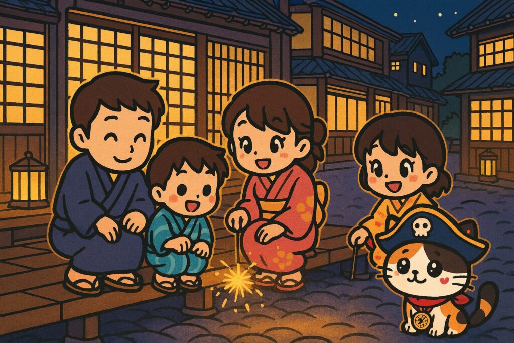 江戸の縁側で線香花火を楽しむ庶民と見守るココロ船長