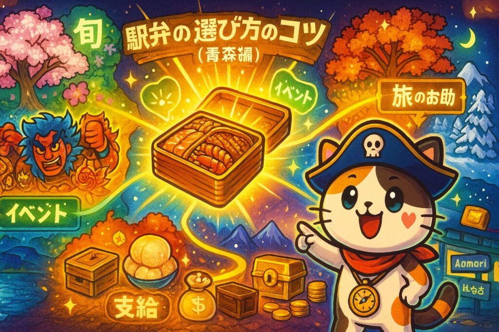 青森の四季や祭り、温泉を描いた冒険マップの中央に光る駅弁。左下で地図を指差すココロ船長が案内する幻想的イラスト。