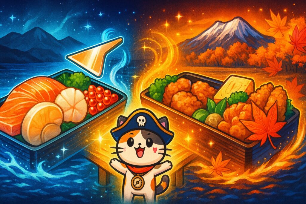 青森のぜいたく弁当が海と山をつなぐ橋のように輝き、陸奥湾と八甲田山を背景に描かれた幻想的なイラスト。右下にココロ船長。
