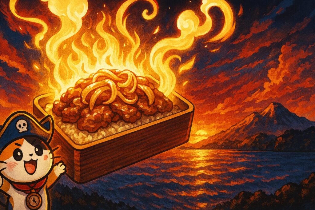 十和田バラ焼き重が炎のように輝き、十和田湖と夕焼けを背景にスタミナ感を描いた幻想的イラスト。左下にココロ船長。
