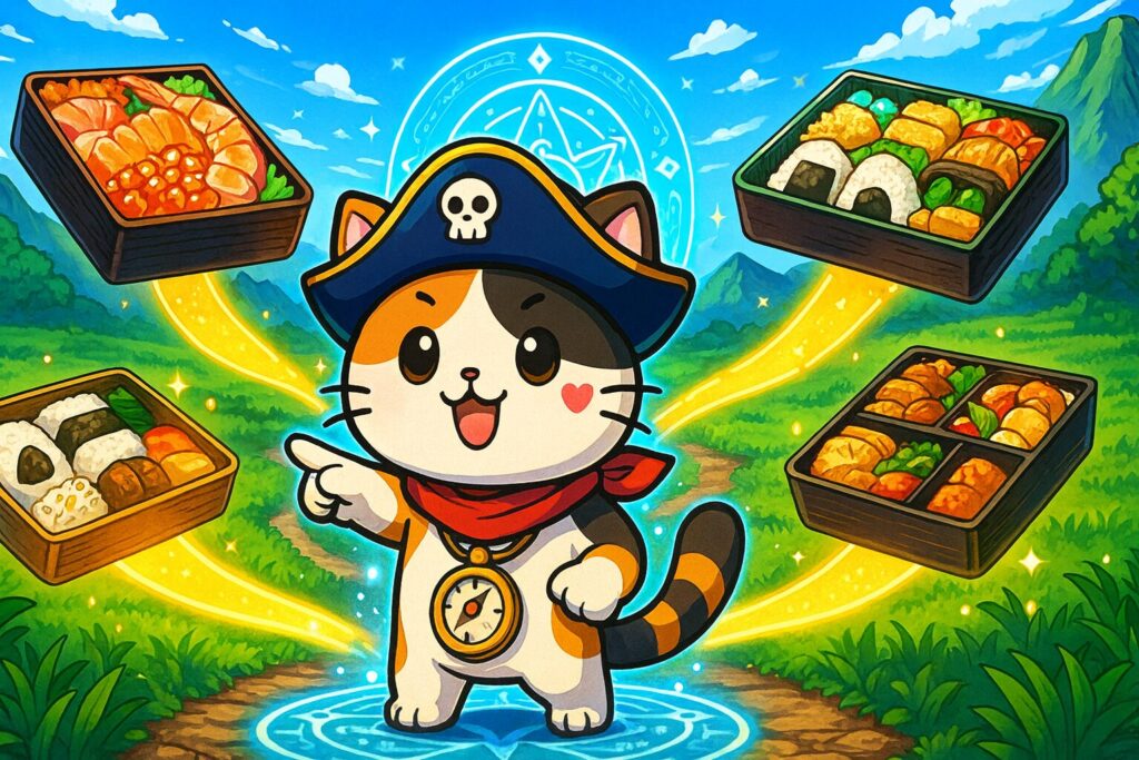 ファンタジーRPG風の分岐マップに駅弁を象徴するアイコンが浮かぶ。ココロ船長が道を指差して案内している。