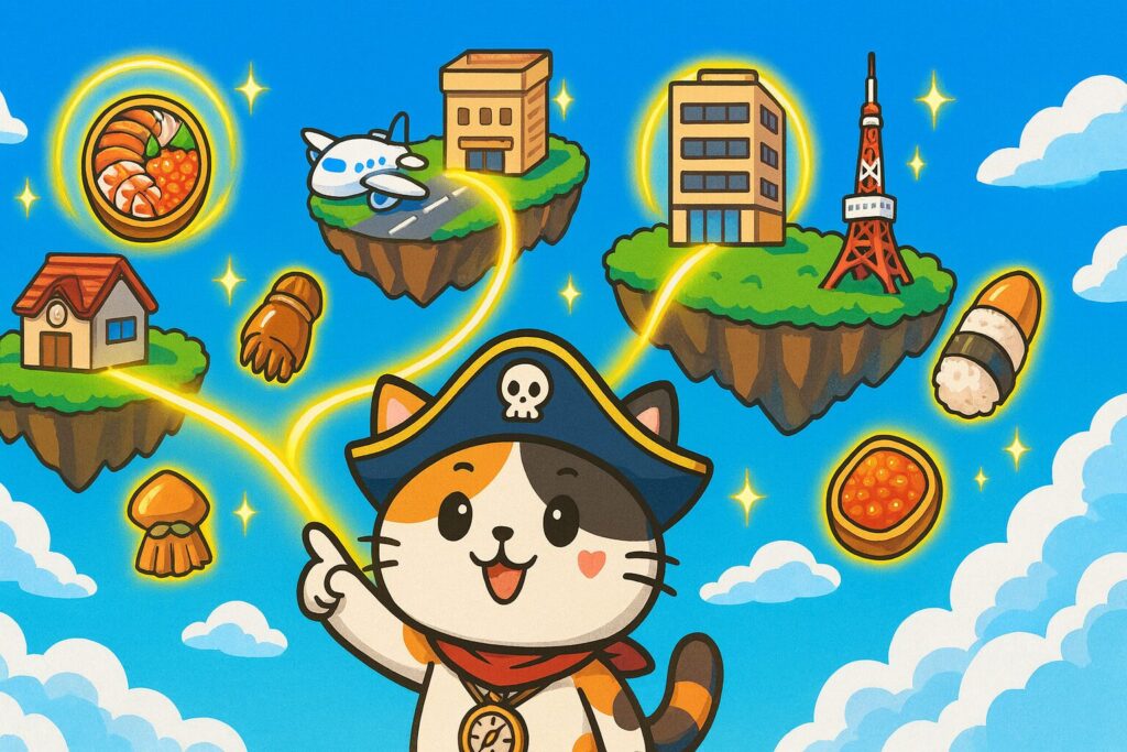 空に浮かぶ4つの島に駅舎・飛行機・デパート・東京タワーが描かれ、光の橋でつながる。駅弁が宝物のように浮かび、ココロ船長が見上げて指差している。