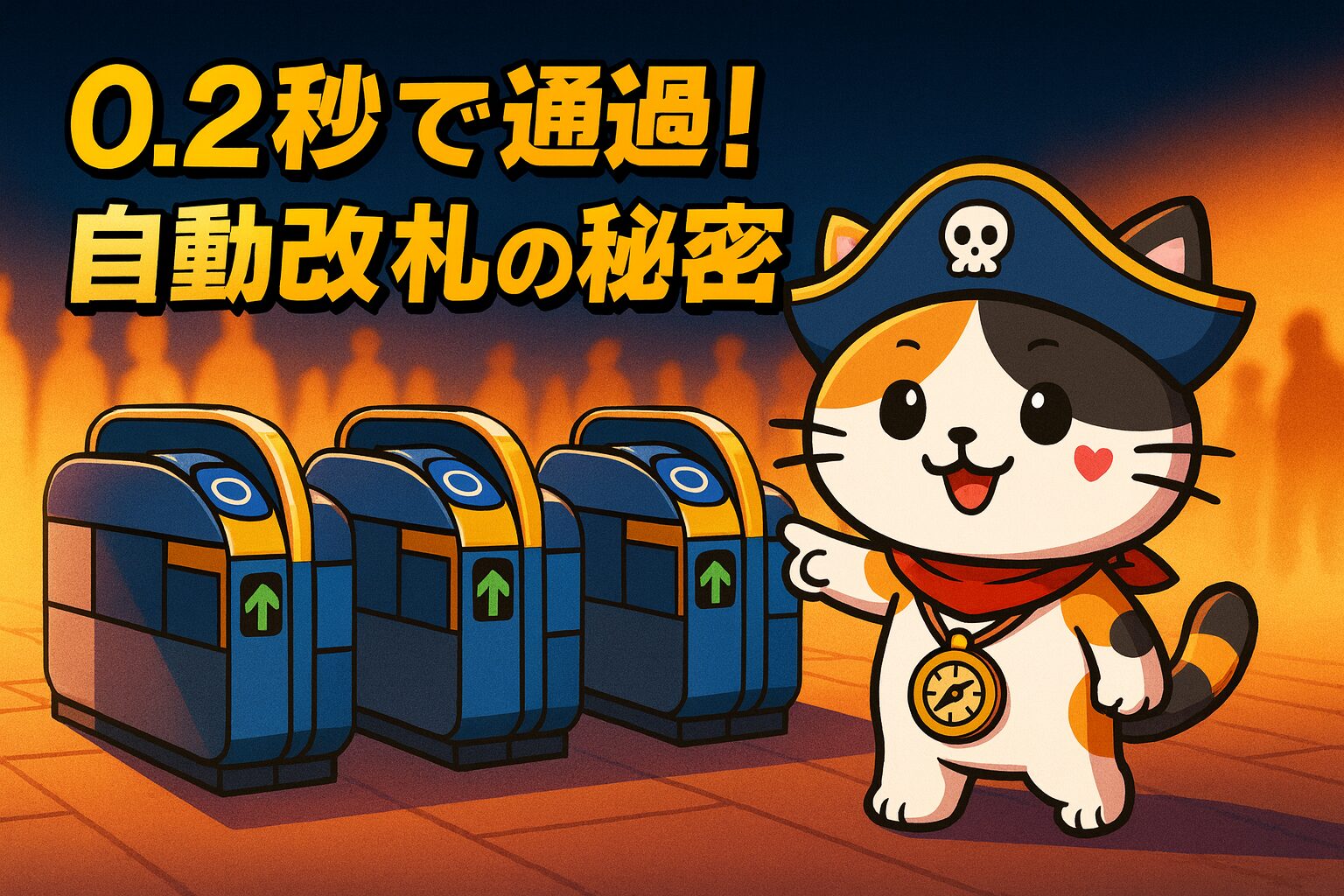 駅の自動改札を背景に、右下で楽しそうにゲートを指差すココロ船長
