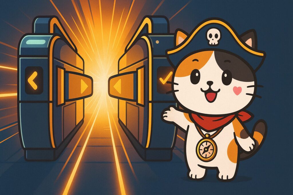 駅の改札ゲートを冒険の入口のように描き、奥から光が差し込むシーン。右下で胸を張るココロ船長
