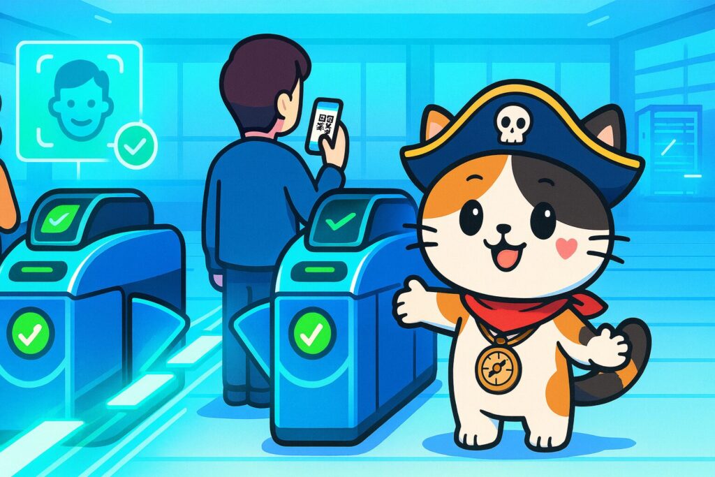未来的な駅の改札で顔認証とスマホ決済を行う場面、右下に羅針盤を付けたココロ船長が紹介