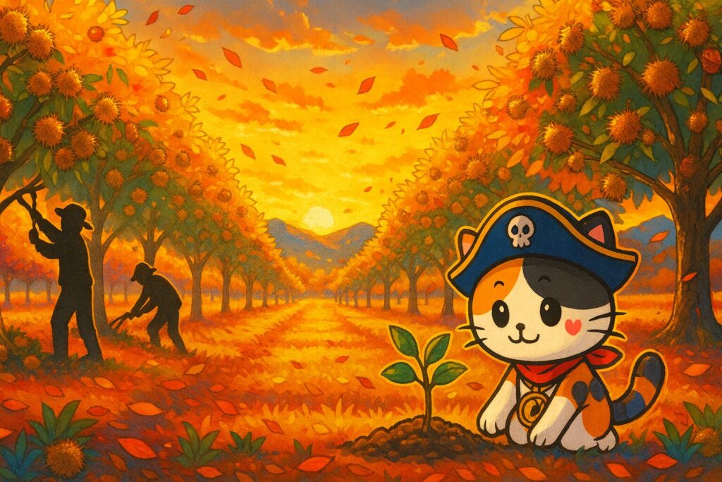 夕焼けの栗畑と苗木を植えるココロ船長