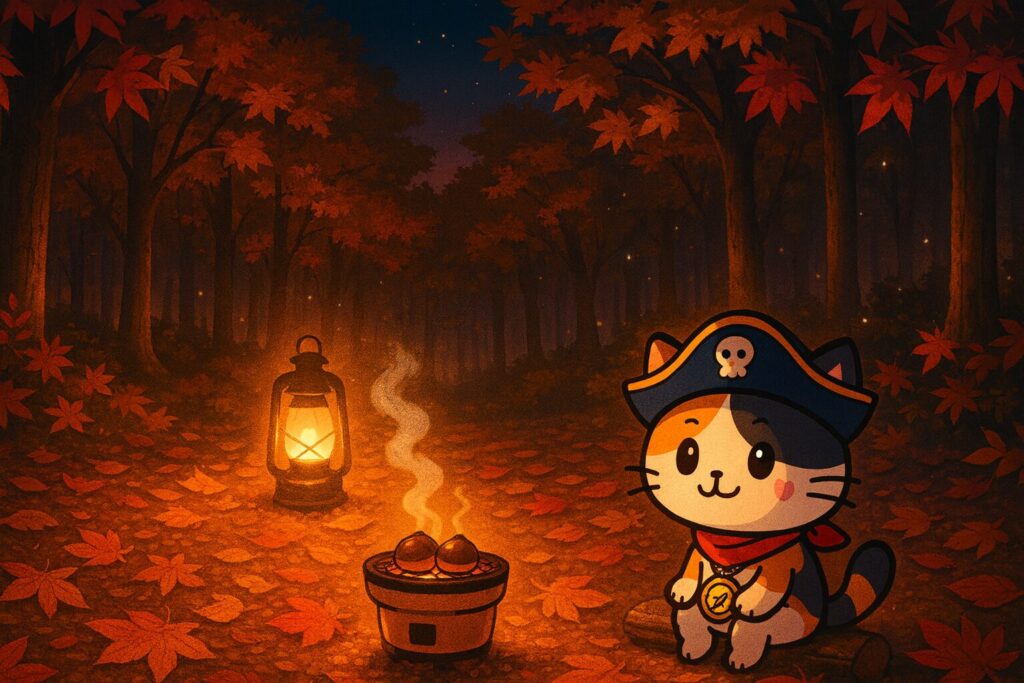 秋の森で七輪焼き栗