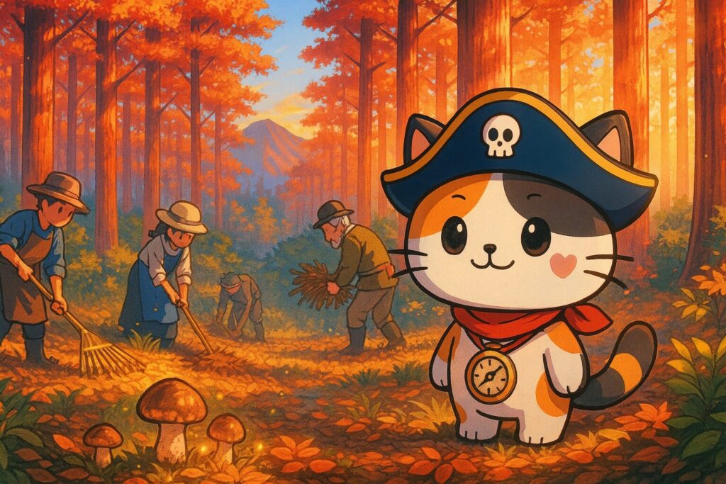 松茸のために森を手入れする人々と、それを見守るココロ船長