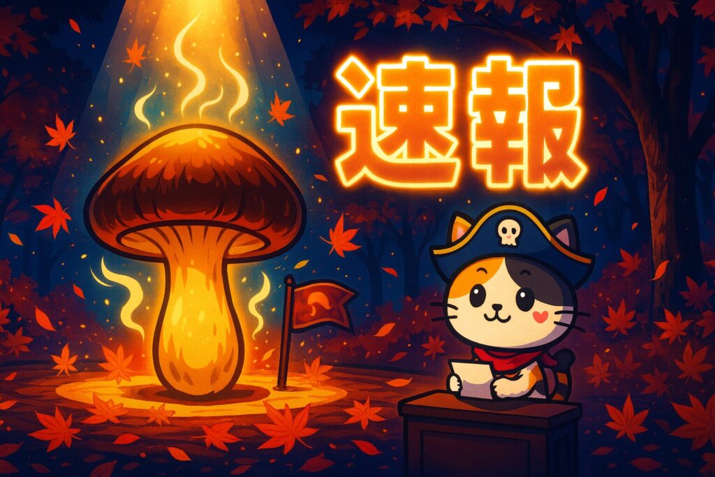 舞台の主役として輝く松茸と、脇でニュースを伝えるココロ船長