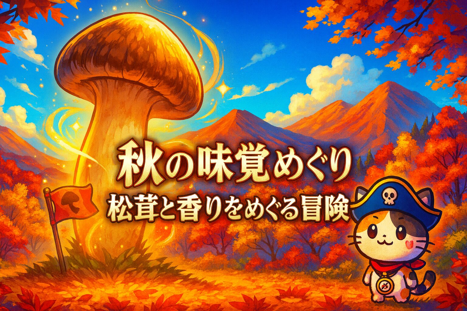 紅葉の山並みを背景に、大きな松茸の横に冒険の旗が立ち、香りが舞う。旗のそばで小さなココロ船長が誇らしげに立っている。
