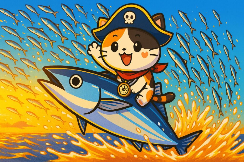 黄金色に輝く海から無数のサンマが飛び跳ねる中、巨大なサンマに乗ったココロ船長が片手を上げ、冒険の始まりを楽しそうに叫んでいる。