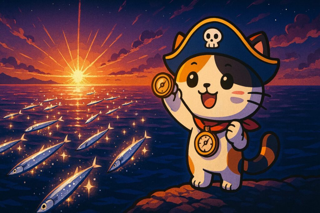 未来への航海をテーマにしたイラスト。夕暮れから夜明けに変わる静かな海に、銀色のサンマの群れが光の帯のように泳いでいる。中央下には羅針盤を掲げたココロ船長が小さく描かれ、未来への航路を示している。