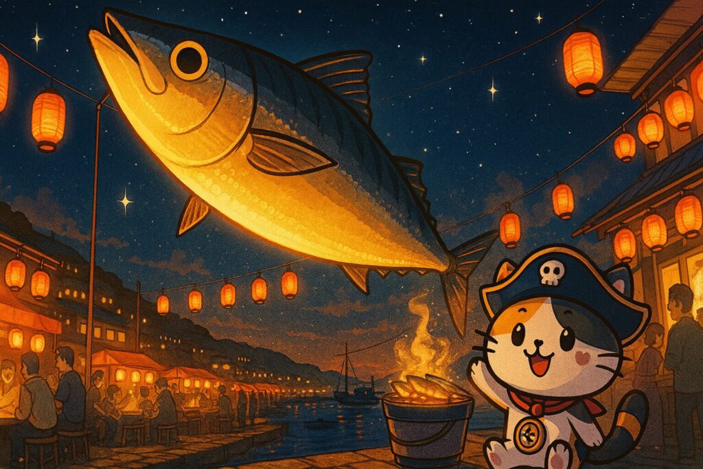 夜の港町に浮かぶ巨大サンマ提灯と祭りを楽しむ人々、右下にココロ船長が提灯を見上げている幻想的な光景
