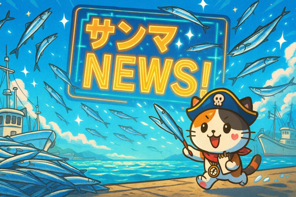 港の空に巨大な電光掲示板が浮かび、「サンマ NEWS!」が光り輝く中、サンマが舞い上がり、走りながら取材するココロ船長の速報シーン