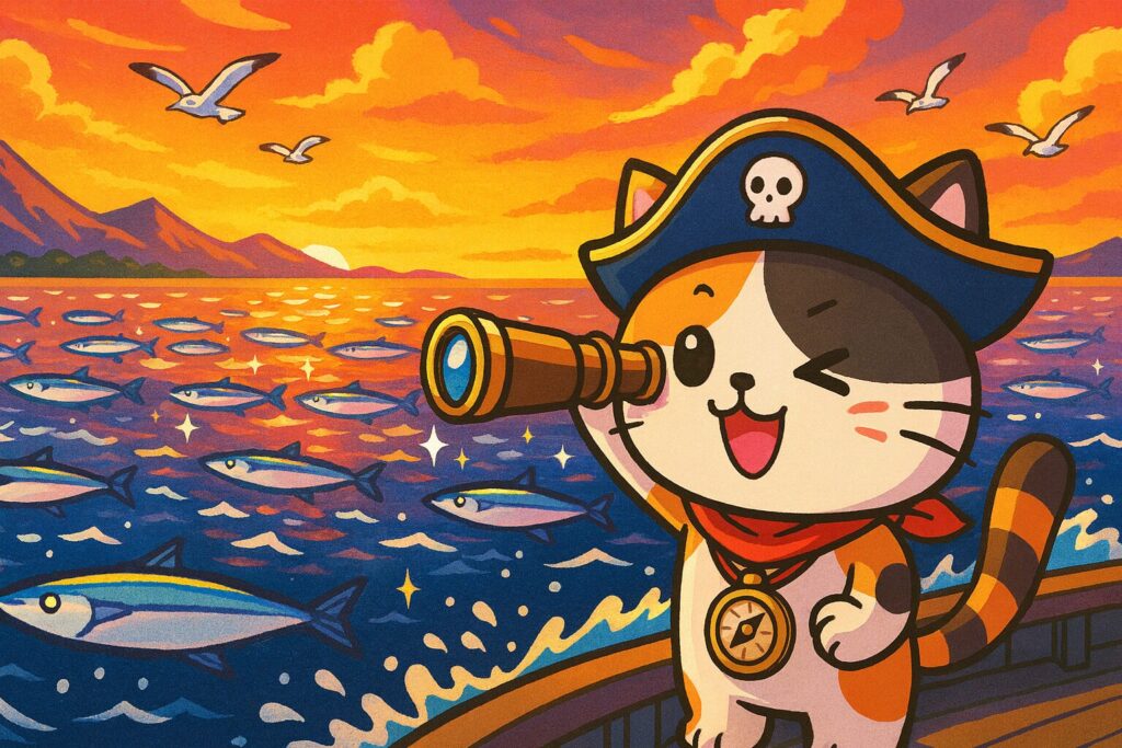 2025年のサンマ産地をめぐるイラスト。大海原にサンマの群れが光を反射しながら泳ぎ、遠くには北海道の山影と南へ続く水平線が広がる。左下にはココロ船長が望遠鏡を覗く姿で描かれ、航海を案内している。