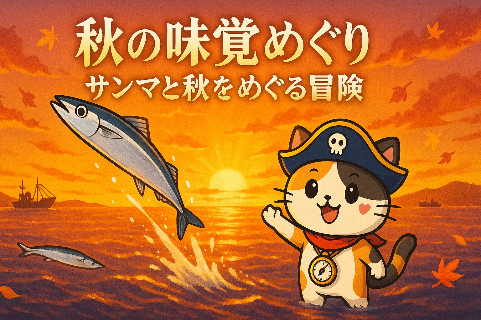 夕焼けに染まる秋の海を背景に、銀色のサンマが大きく弧を描いて跳ね上がり輝いている。画面右下にはココロ船長が片手を掲げて「発見！」のポーズ。中央上部には記事タイトルを置ける余白がある構図。