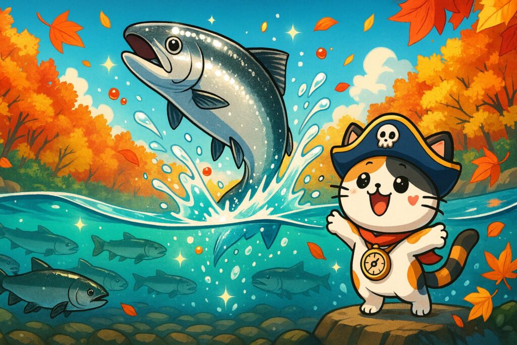 半水面の秋鮭とココロ船長