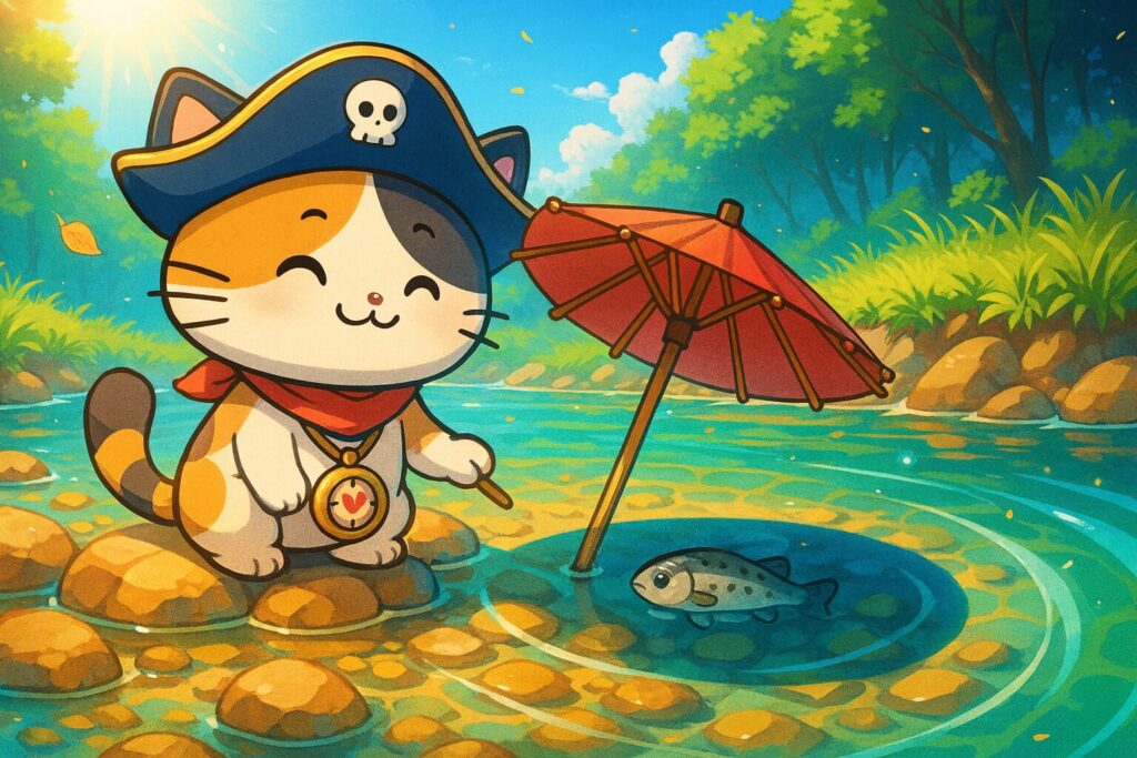 稚魚へ傘で日陰づくり
