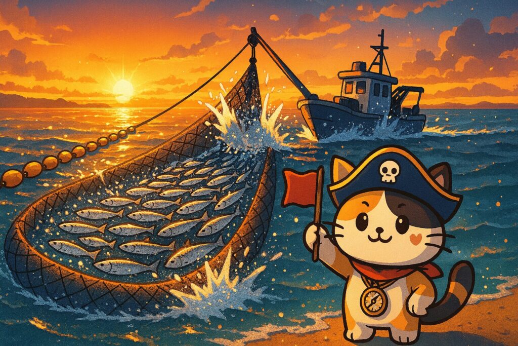 定置網と秋鮭の朝