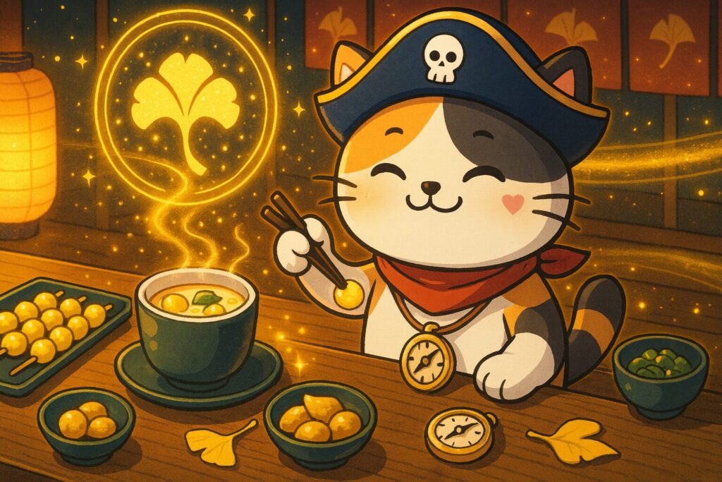 銀杏料理を堪能するココロ船長