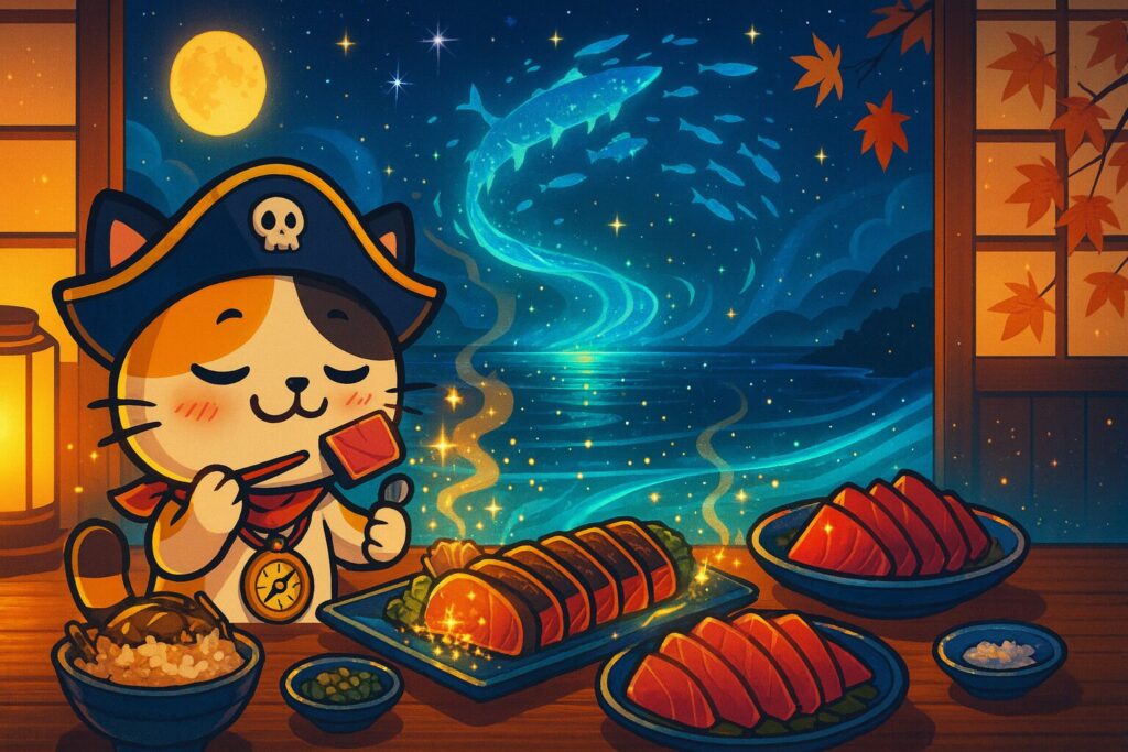 戻り鰹を味わうココロ船長
