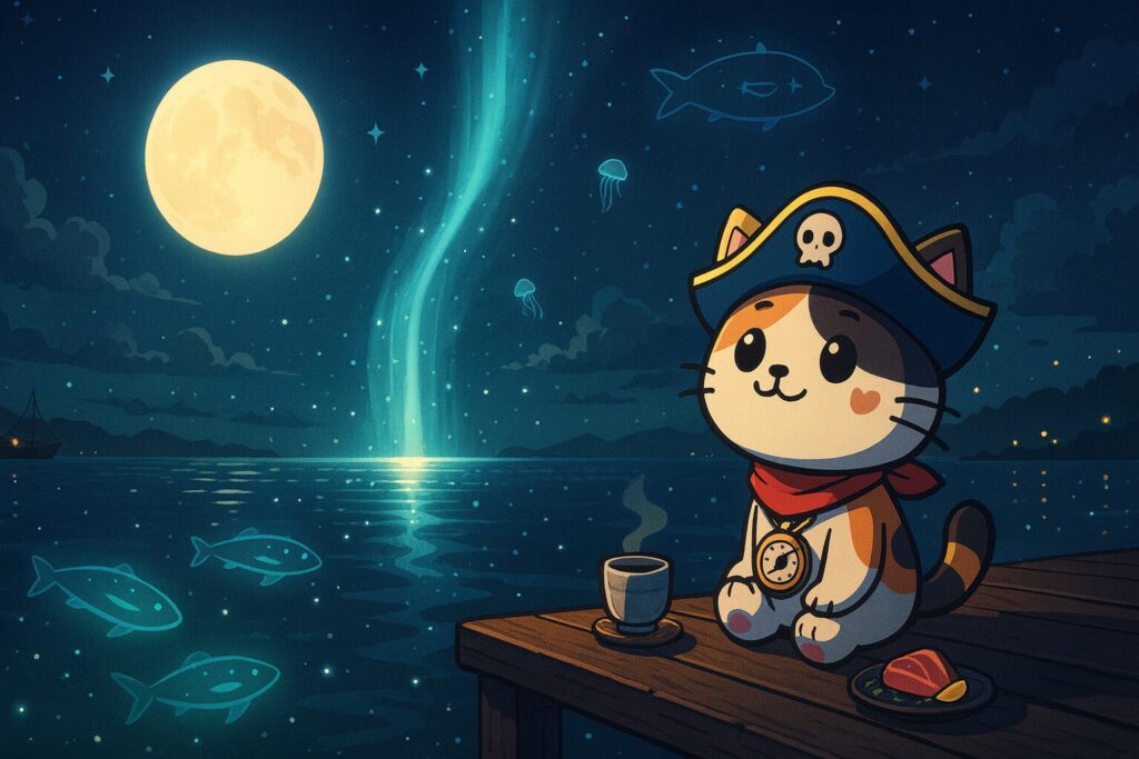 秋の港で星を見上げるココロ船長