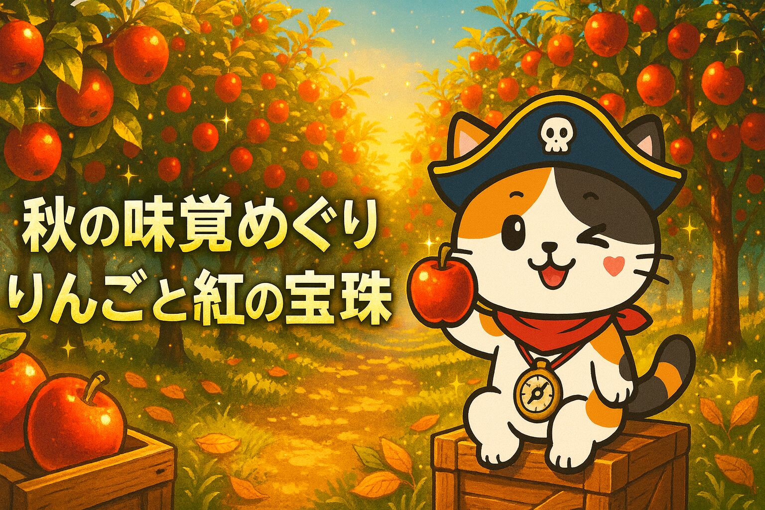 紅に輝く秋のりんご畑