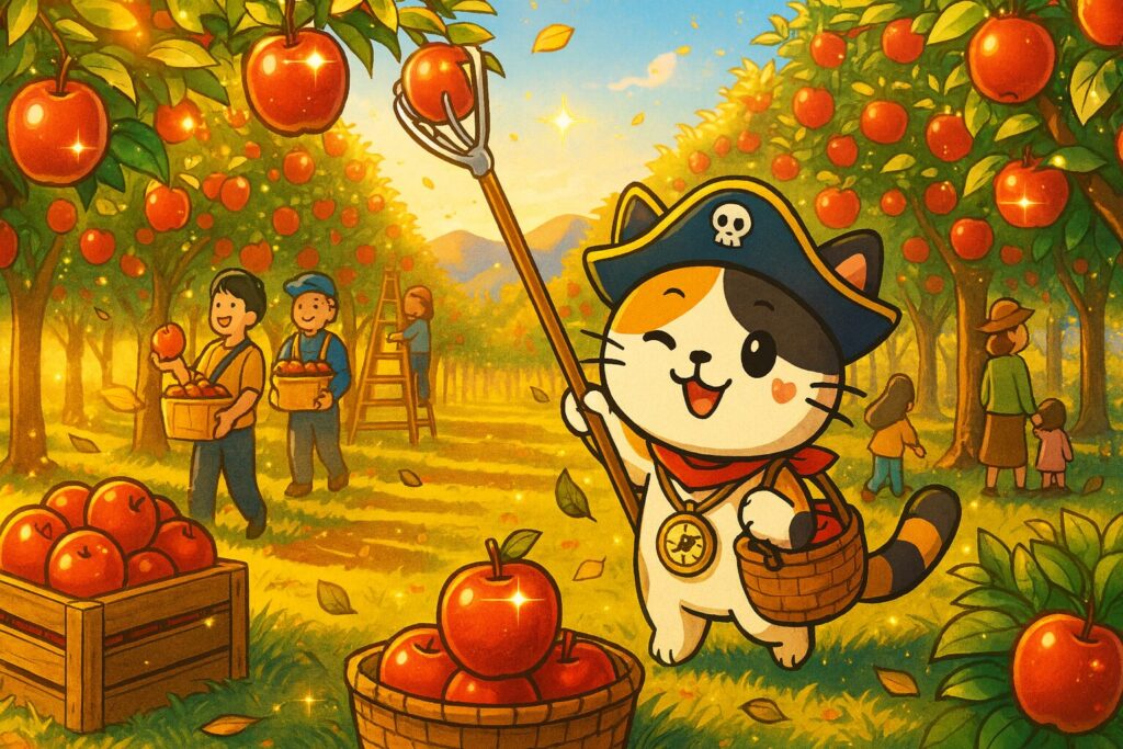 収穫するココロ船長と人々