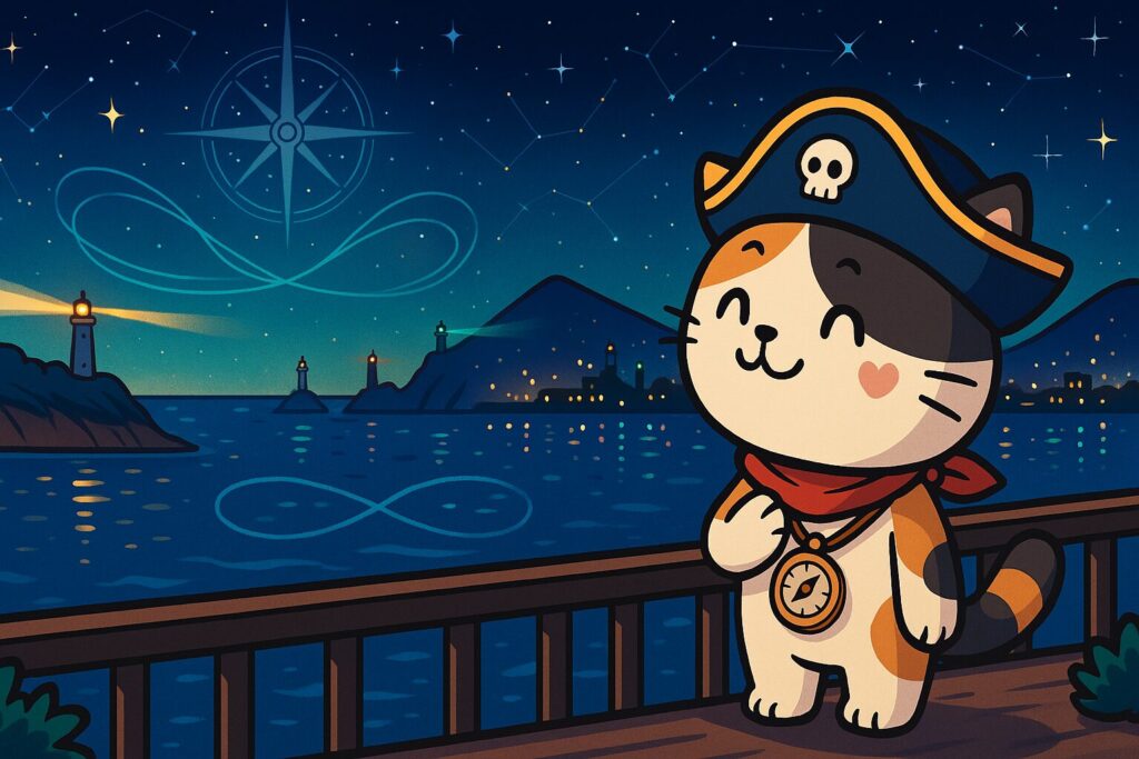 灯台の夜景とココロ船長