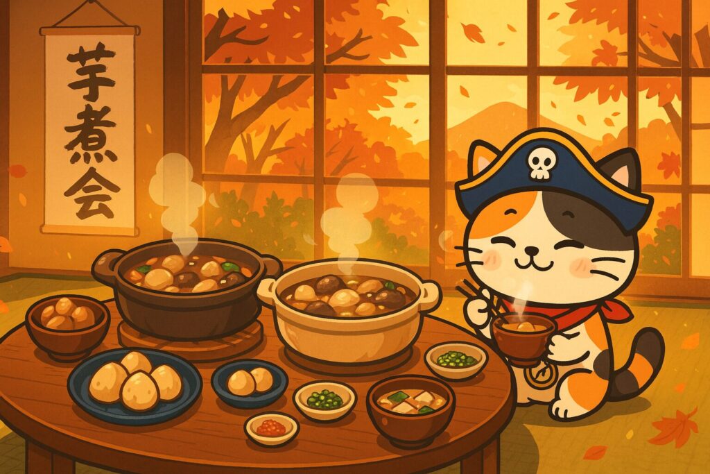 里芋料理を味わうココロ船長