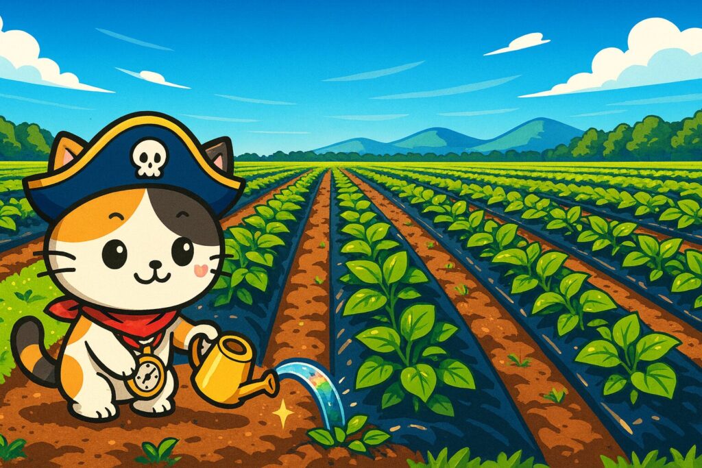 畑に水やるココロ船長