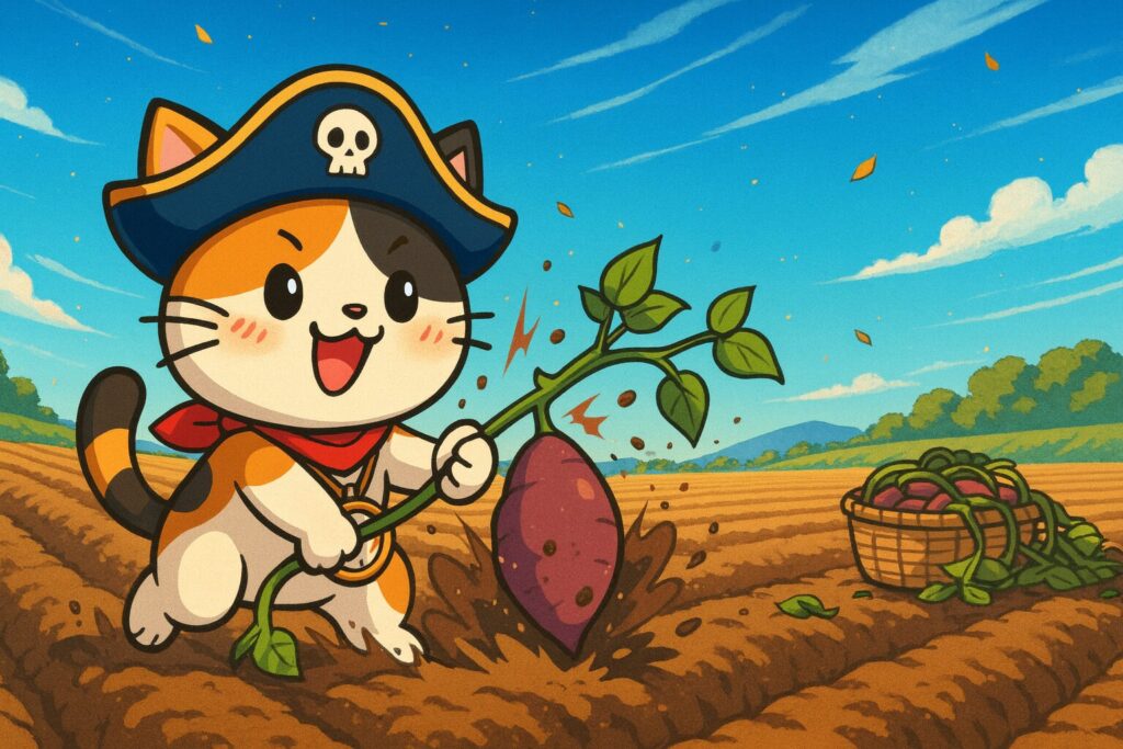 芋を掘り上げるココロ船長