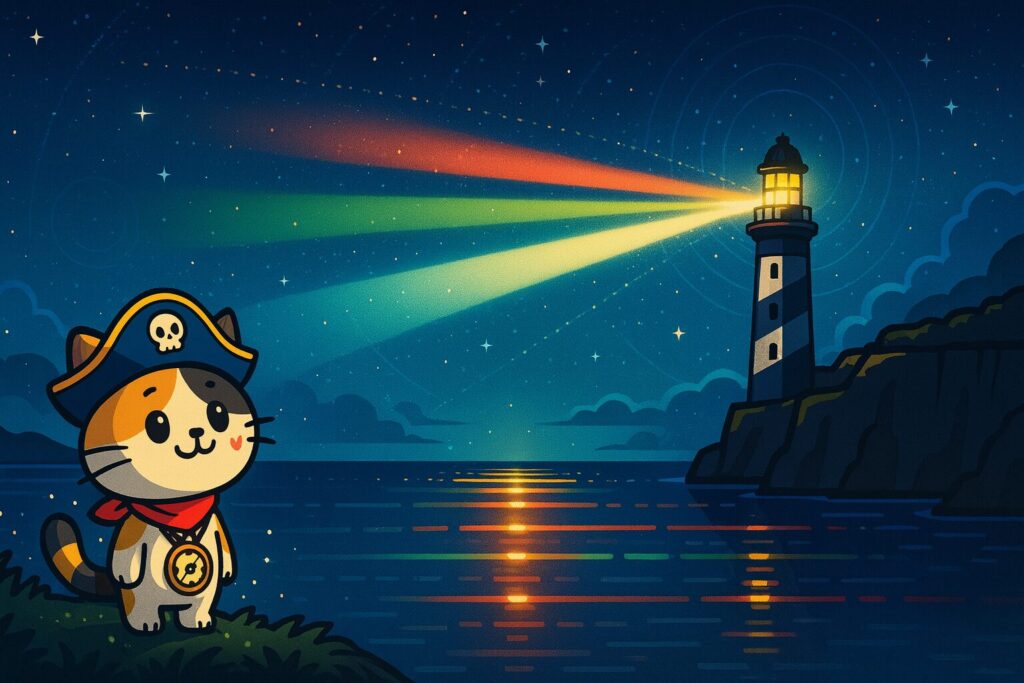 灯台を見上げるココロ船長