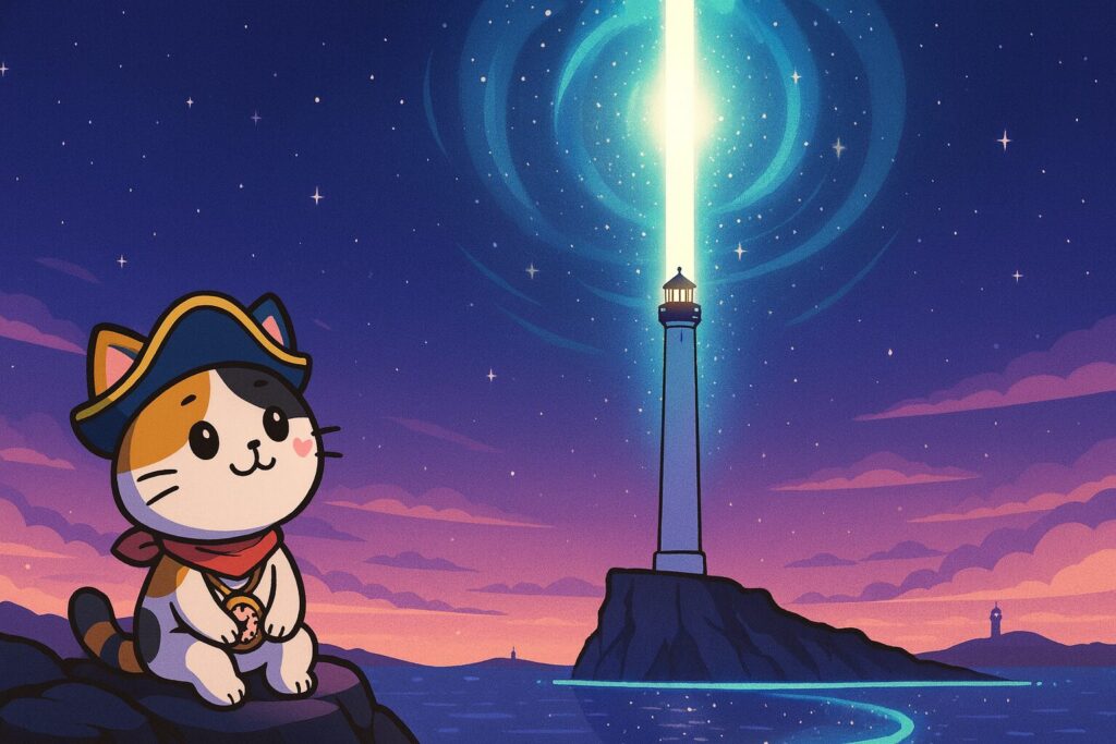 空へ伸びる灯台とココロ船長