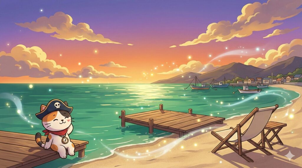 夕暮れの海とココロ船長