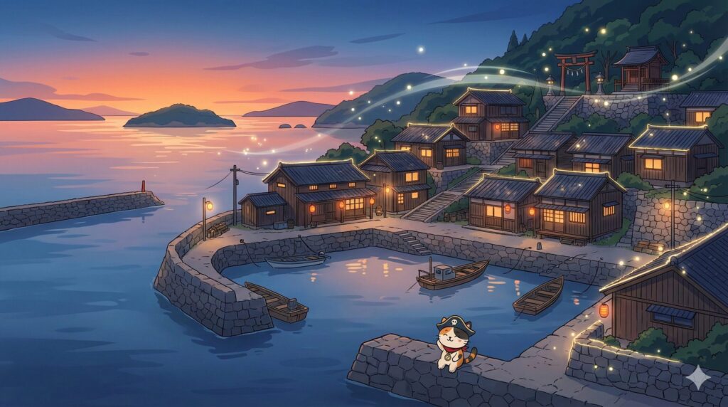 夕暮れの港町とココロ船長