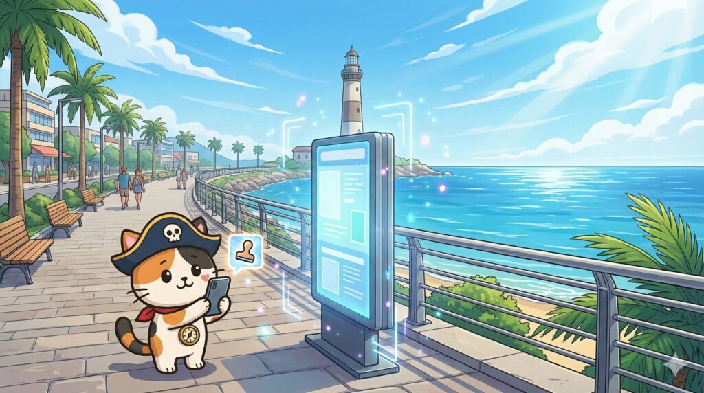 海沿いの遊歩道でスマホを使い、デジタルスタンプを獲得して喜ぶココロ船長