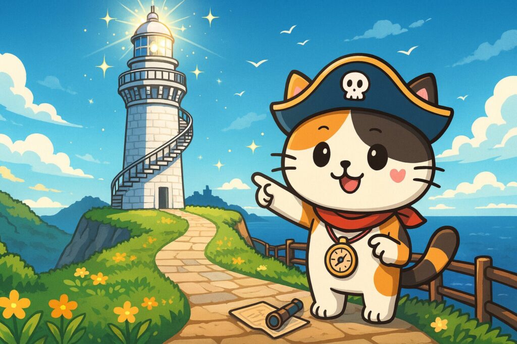 石造灯台とココロ船長