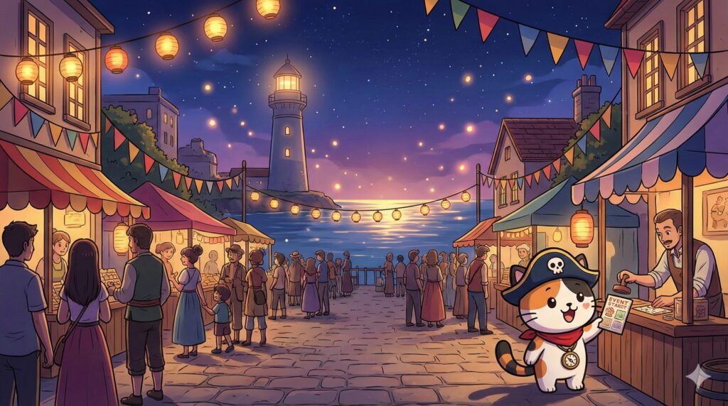 灯台のそばのイベントの雰囲気を楽しみながら、限定スタンプを集めるココロ船長