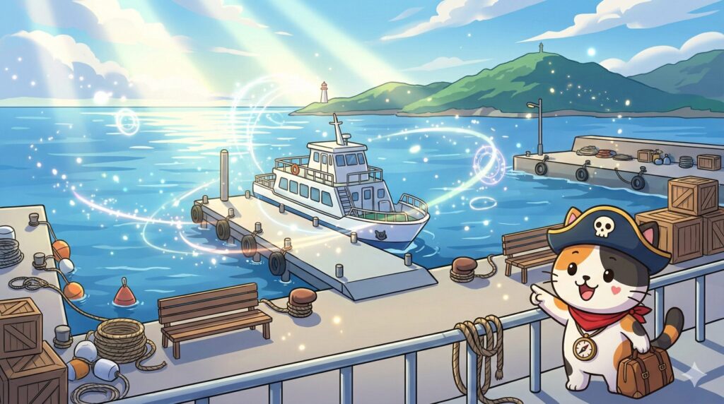 港で出航を待つココロ船長