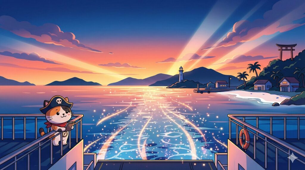 夕焼けの海とココロ船長