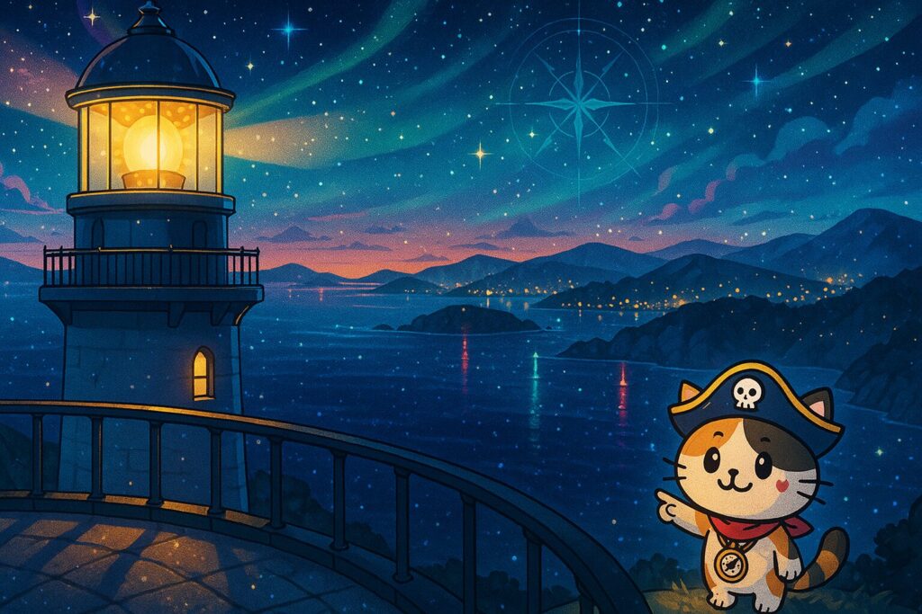 灯台の頂上とココロ船長
