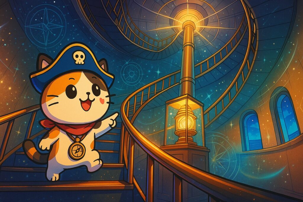 参観灯台の内部とココロ船長
