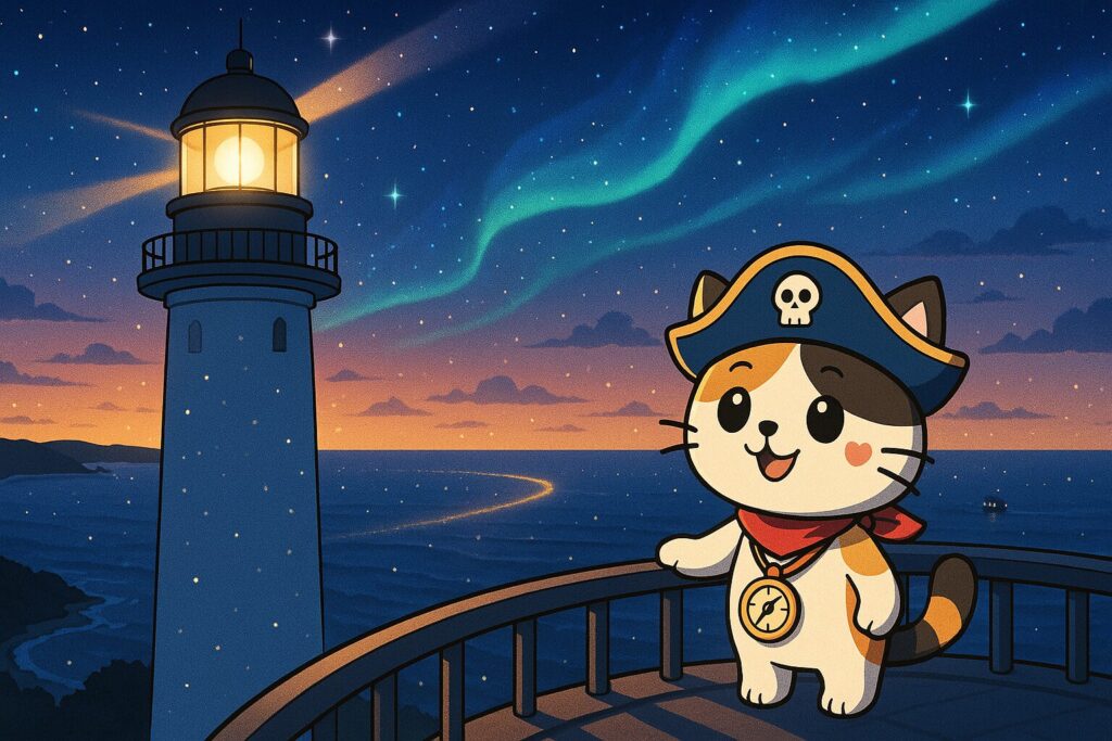 灯台頂上の海とココロ船長
