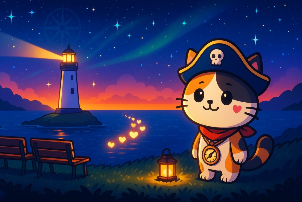 夕暮れの灯台とココロ船長
